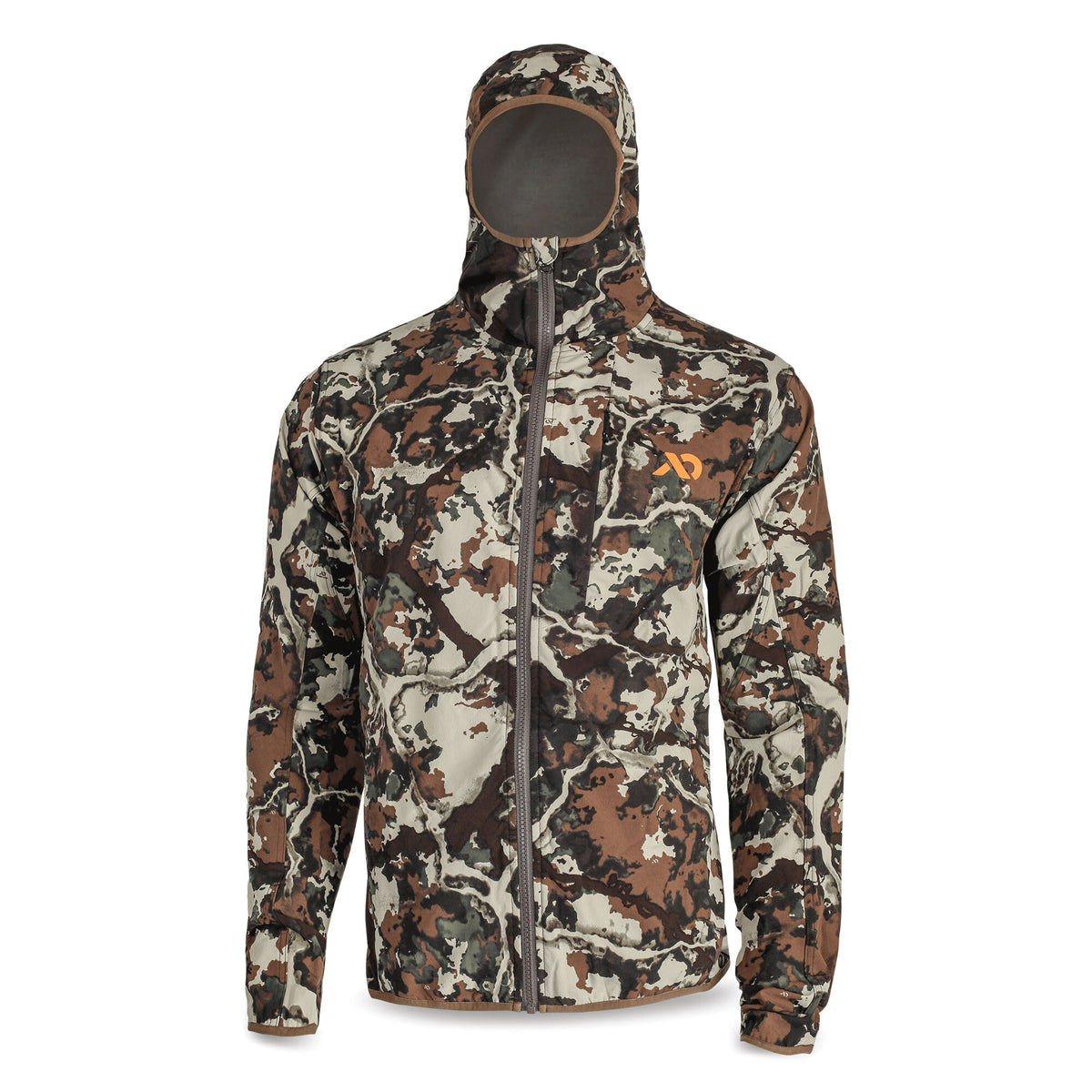 A hooded full-zip hunting jacket in a brown, tan, and dark green camouflage pattern, with an orange logo on the left chest.