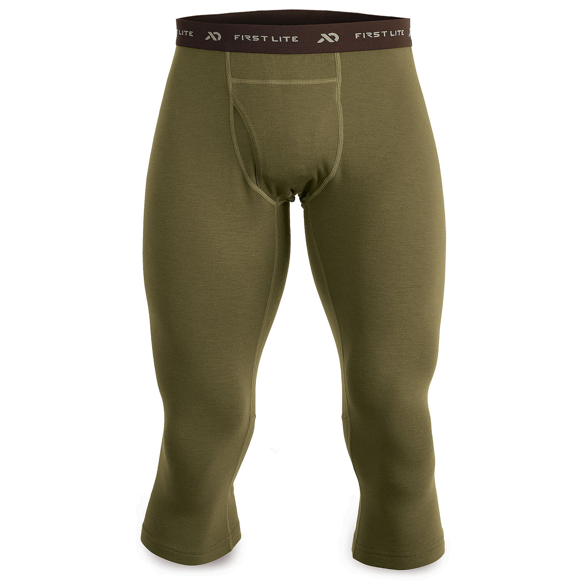 Olive green 3/4 length base layer pants with a brown First Lite logo waistband and a front fly.