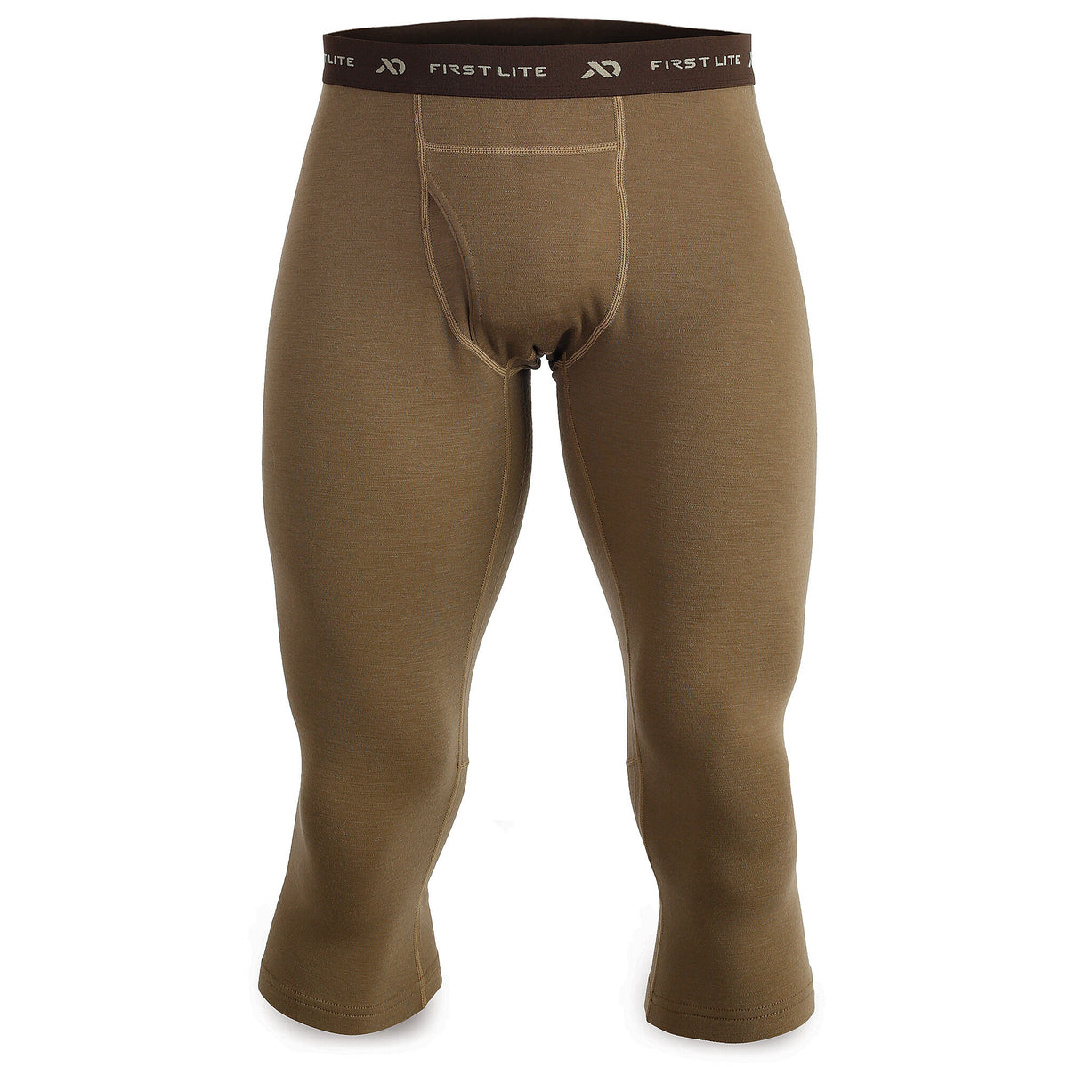 Olive brown 3/4 length men's base layer pants featuring an elastic First Lite logo waistband and a functional front fly.