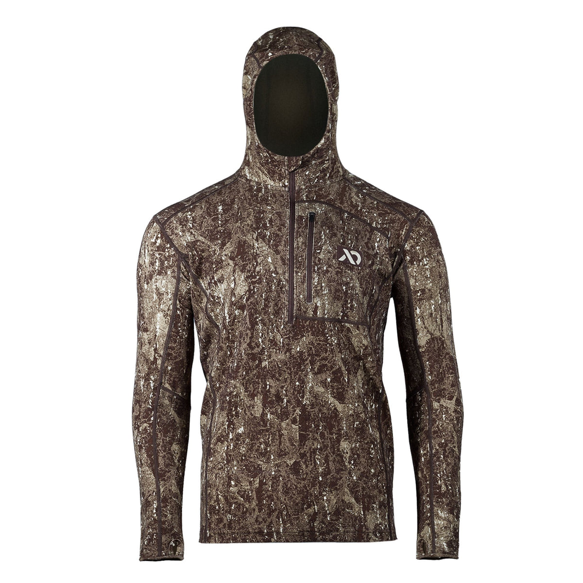 Brown and tan camouflage hooded long-sleeve pullover with a quarter-zip, zippered chest pocket, and thumbhole cuffs.