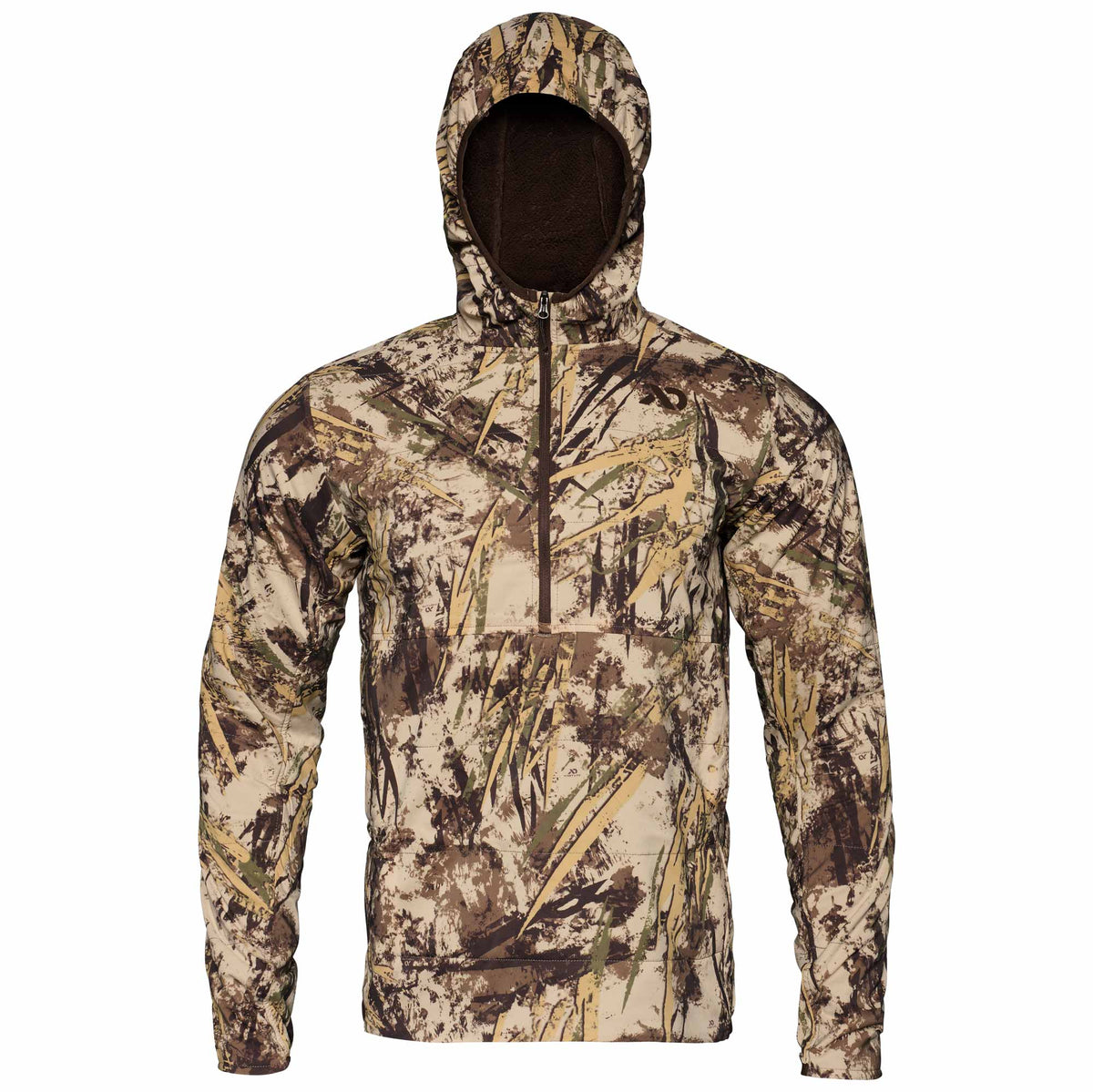 Men's camouflage hooded quarter-zip pullover with a dark brown fleece-lined hood and zipper.