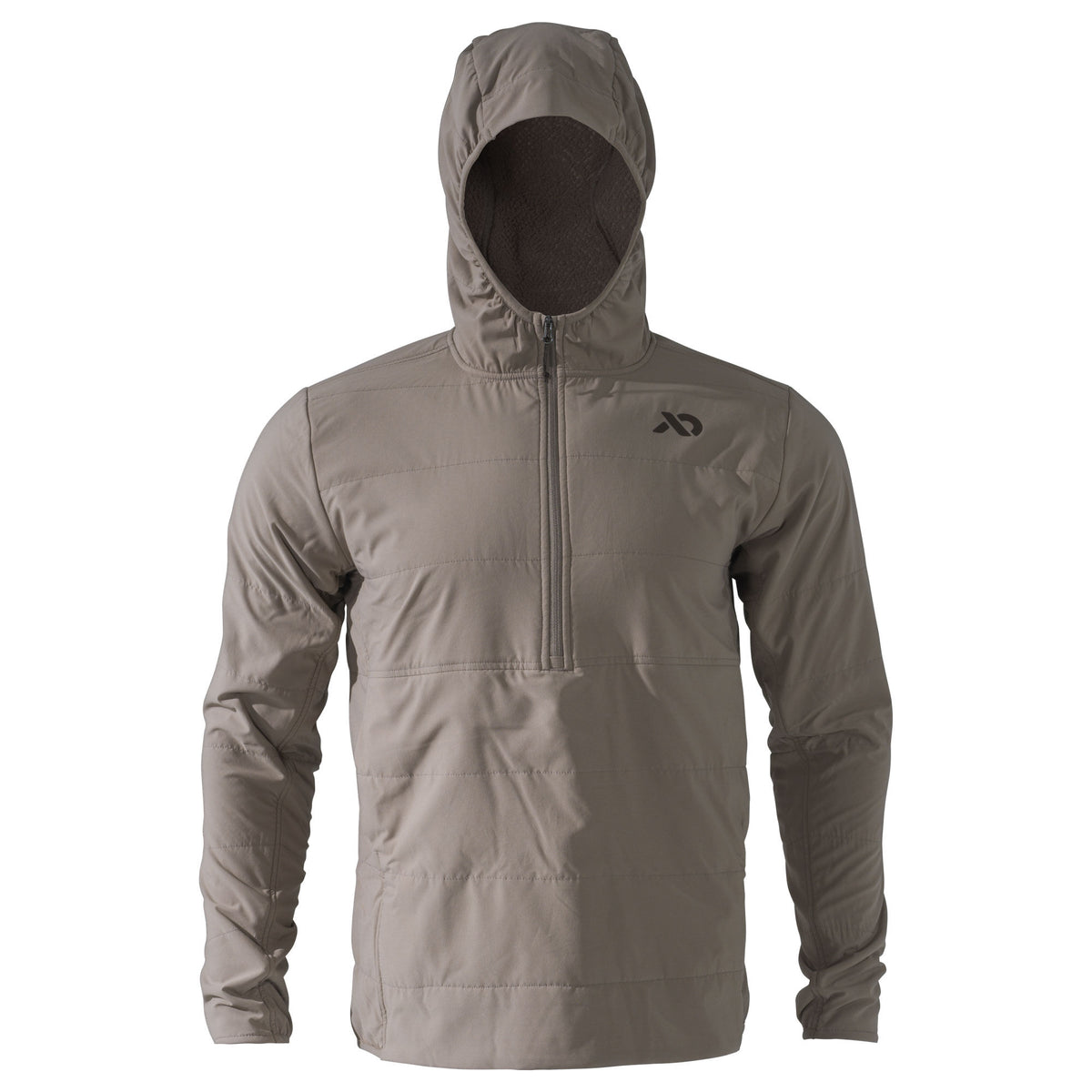 Taupe hooded quarter-zip jacket with quilted insulation and a black logo on the left chest.