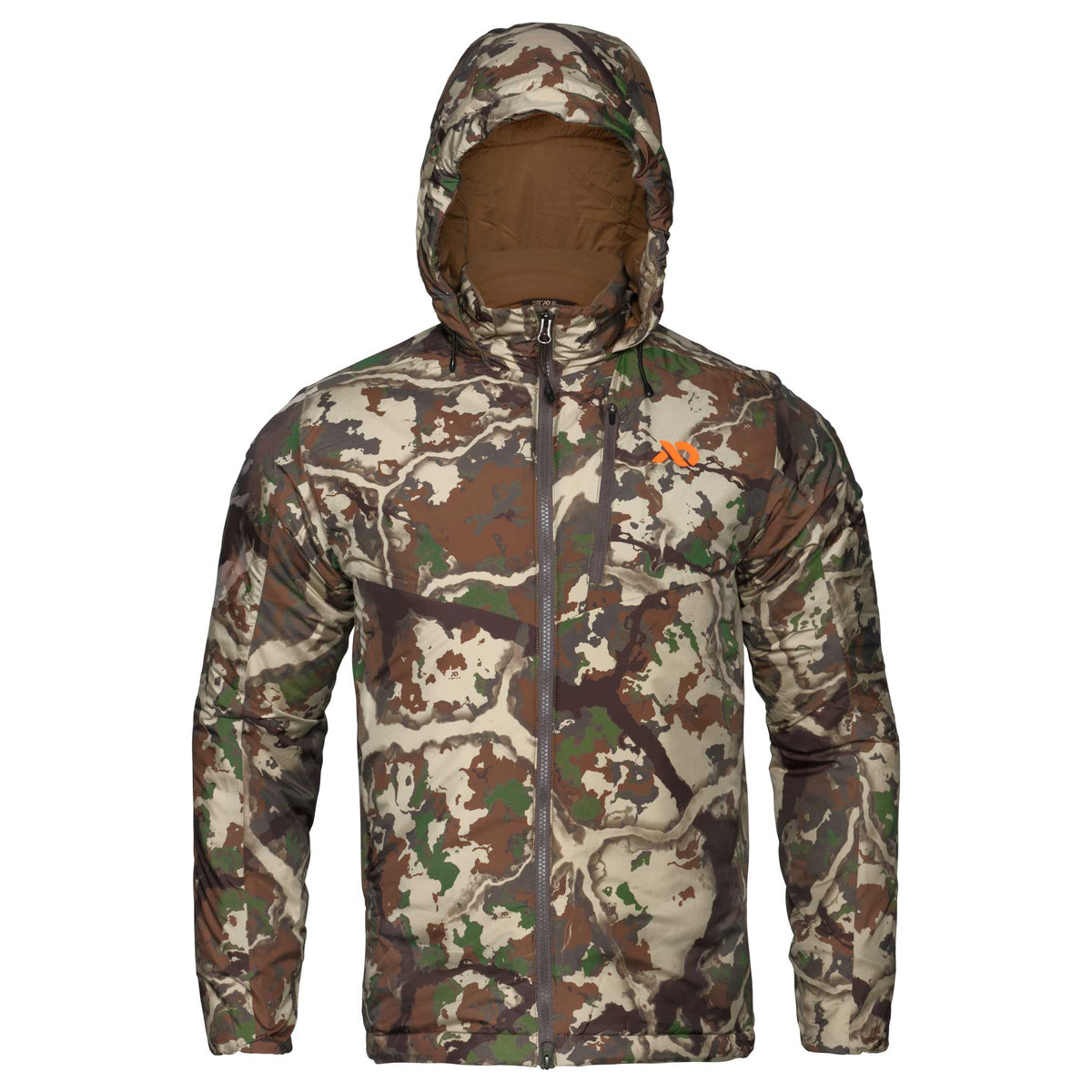 Camouflage pattern hooded jacket with a full front zipper, zippered chest pocket, orange logo, and brown hood lining.