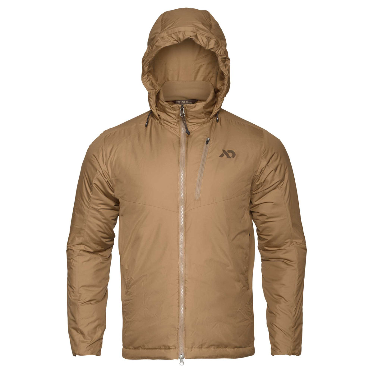 Coyote brown hooded insulated jacket with a full-zip front, zippered chest pocket, and a dark logo on the right chest.