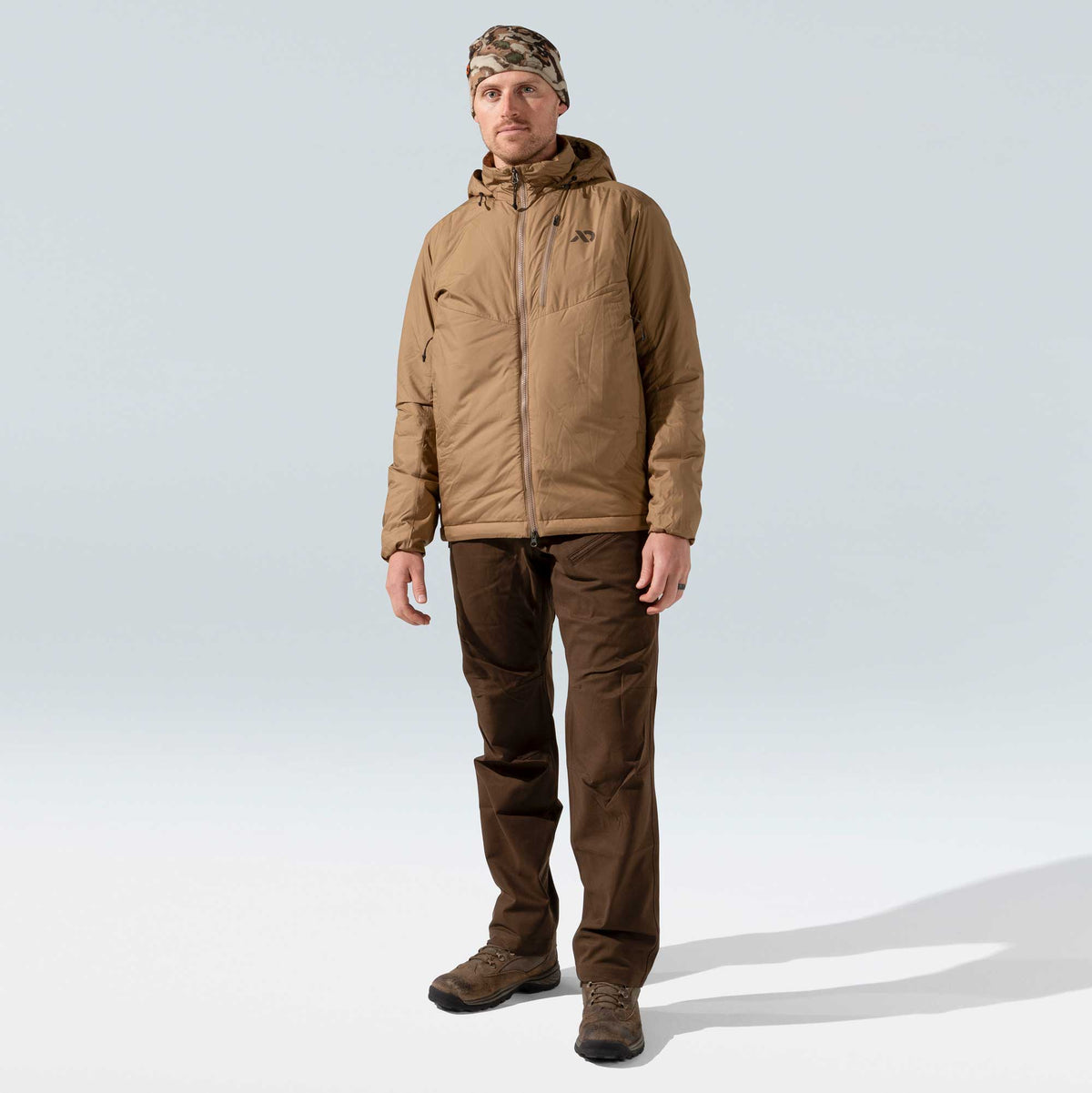 Coyote brown hooded insulated jacket with a full front zipper, a left chest zip pocket, and a dark logo.