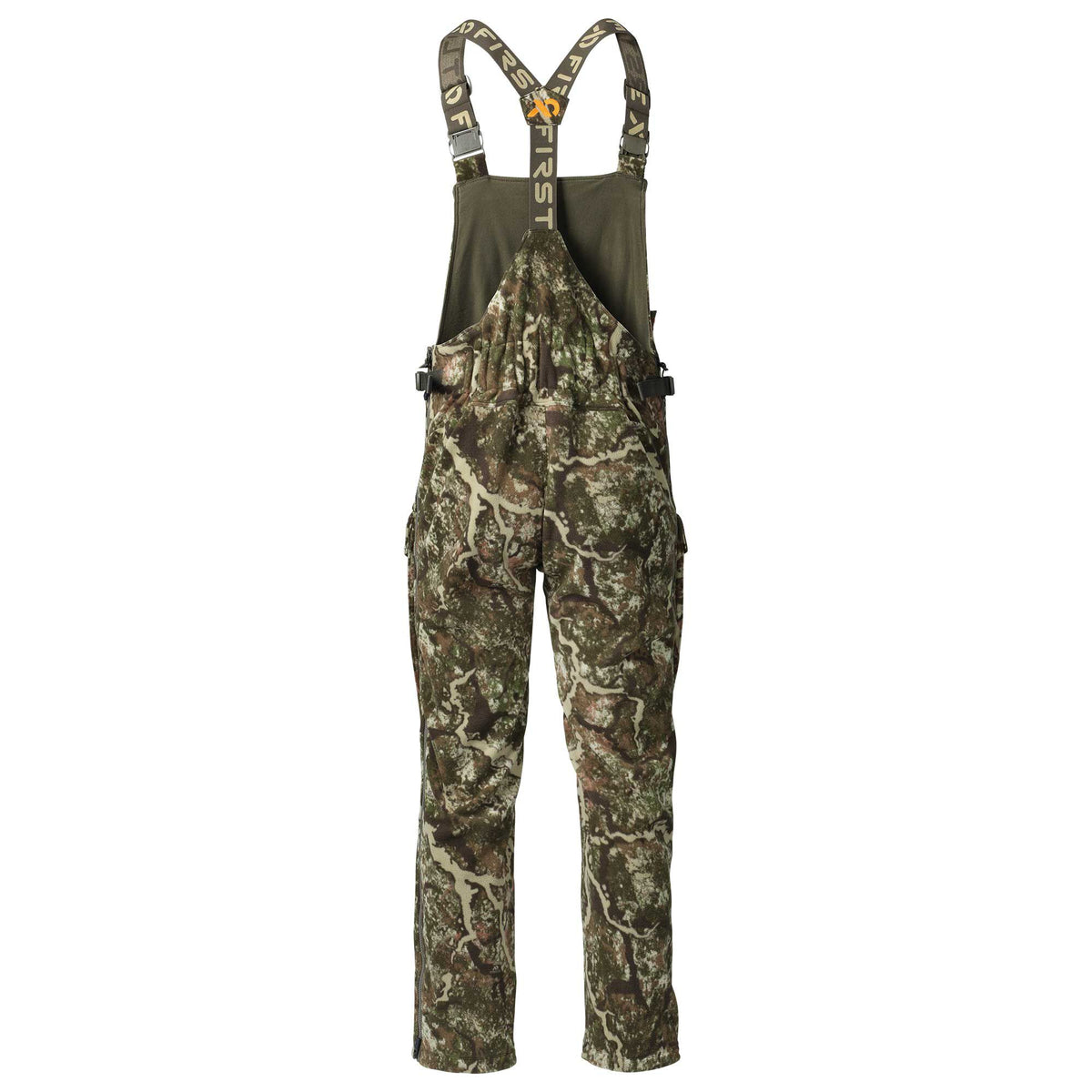 Rear view of First Lite woodland camouflage hunting bibs with adjustable suspenders and full side leg zippers.
