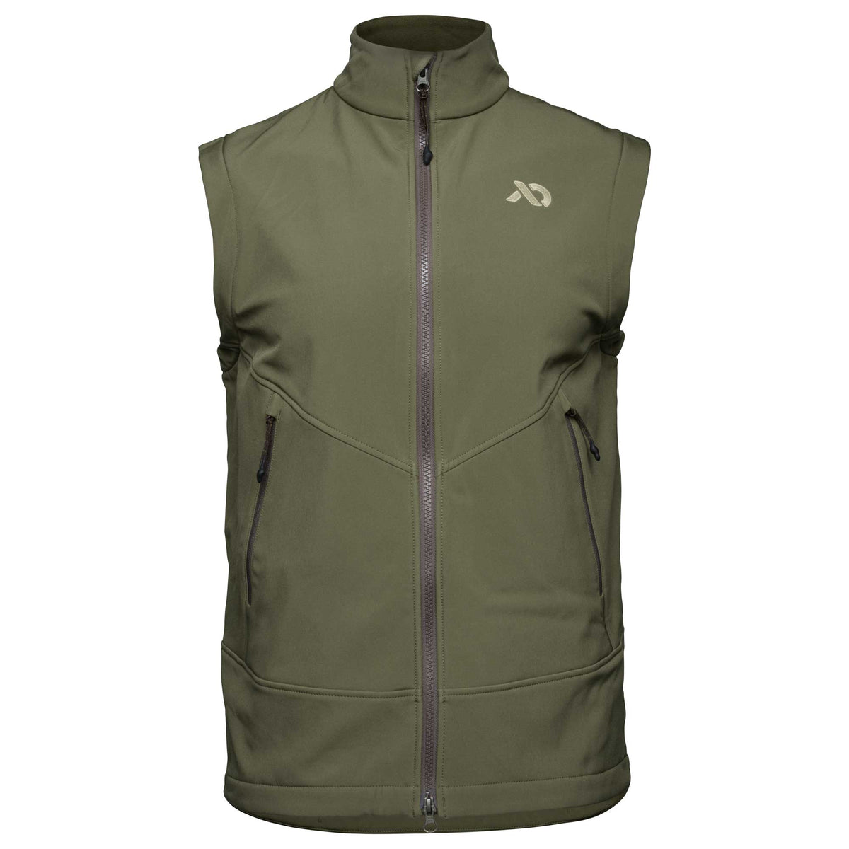 Olive green full-zip vest with a stand collar, two dark zippered hand pockets, and a light logo on the left chest.