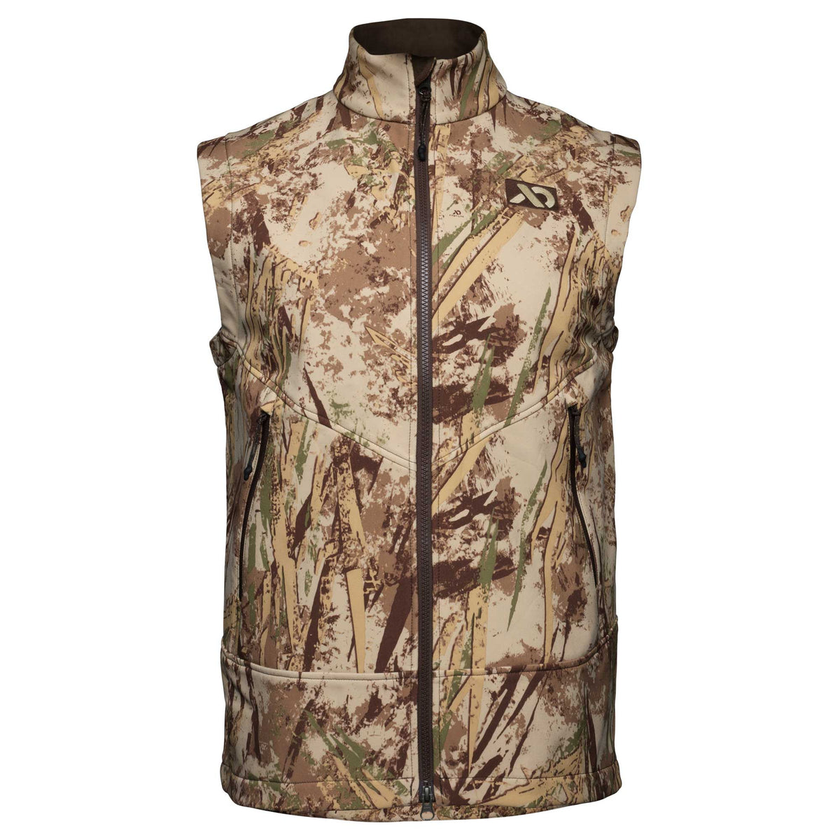 Tan and brown reed camouflage vest with a full dark zipper, stand-up collar, two zippered hand pockets, and a logo on the right chest.