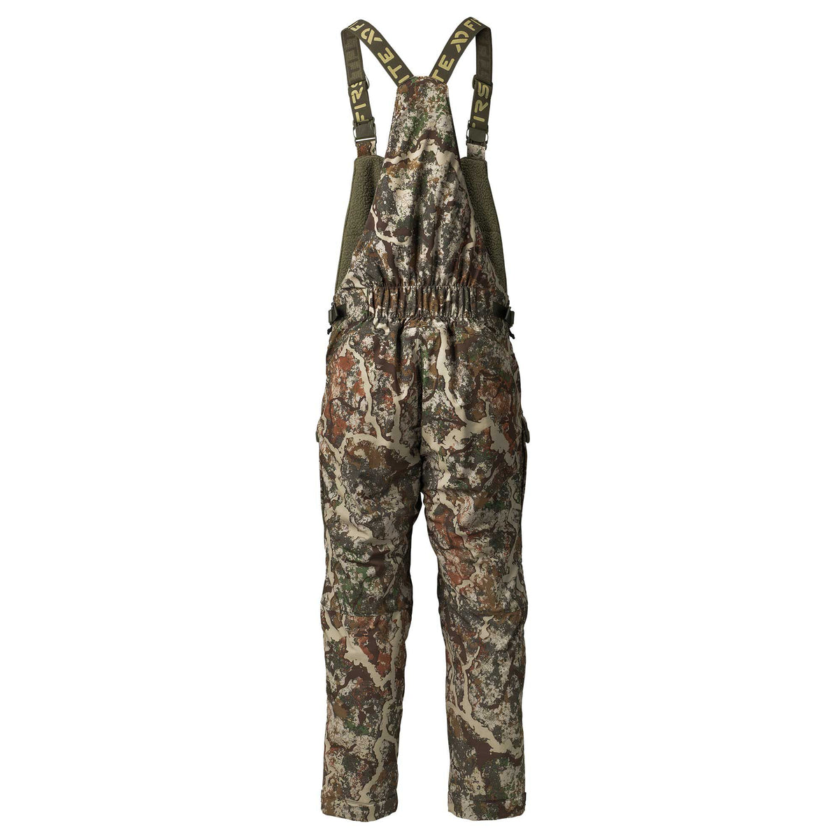 Multi-color camouflage hunting bibs with dark green adjustable straps and an elasticized back.
