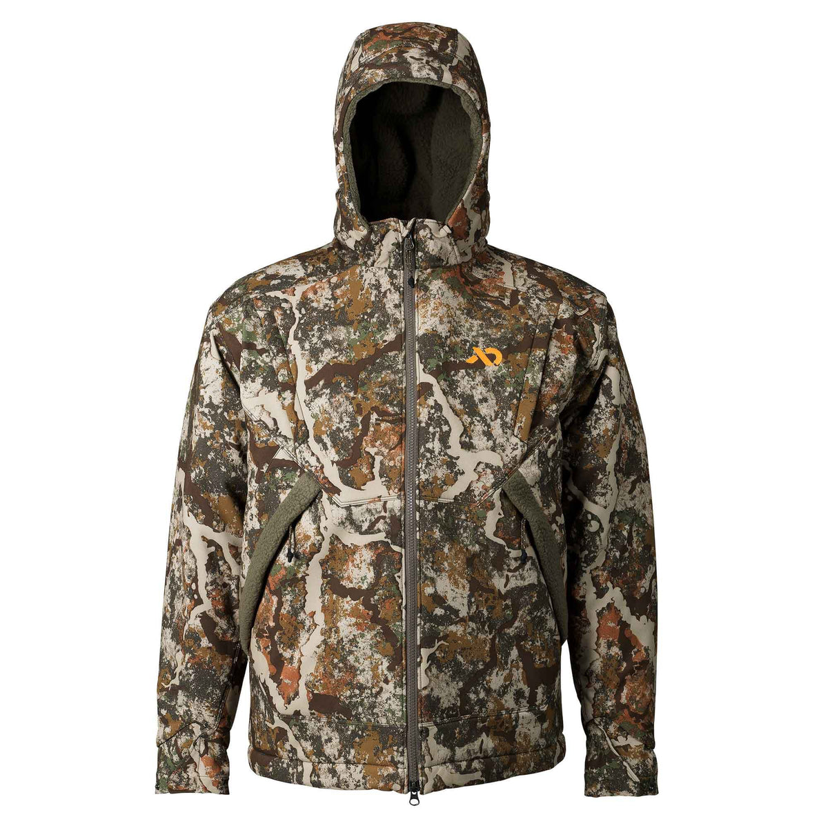 A brown, green, and tan camouflage hooded jacket with a full zipper, an orange chest logo, and olive green zippered pockets.