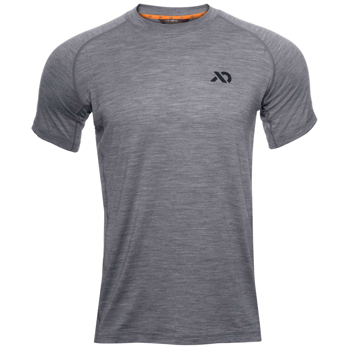 Grey short-sleeve t-shirt with raglan sleeves, a crew neck, a black chest logo, and an orange interior neck label.