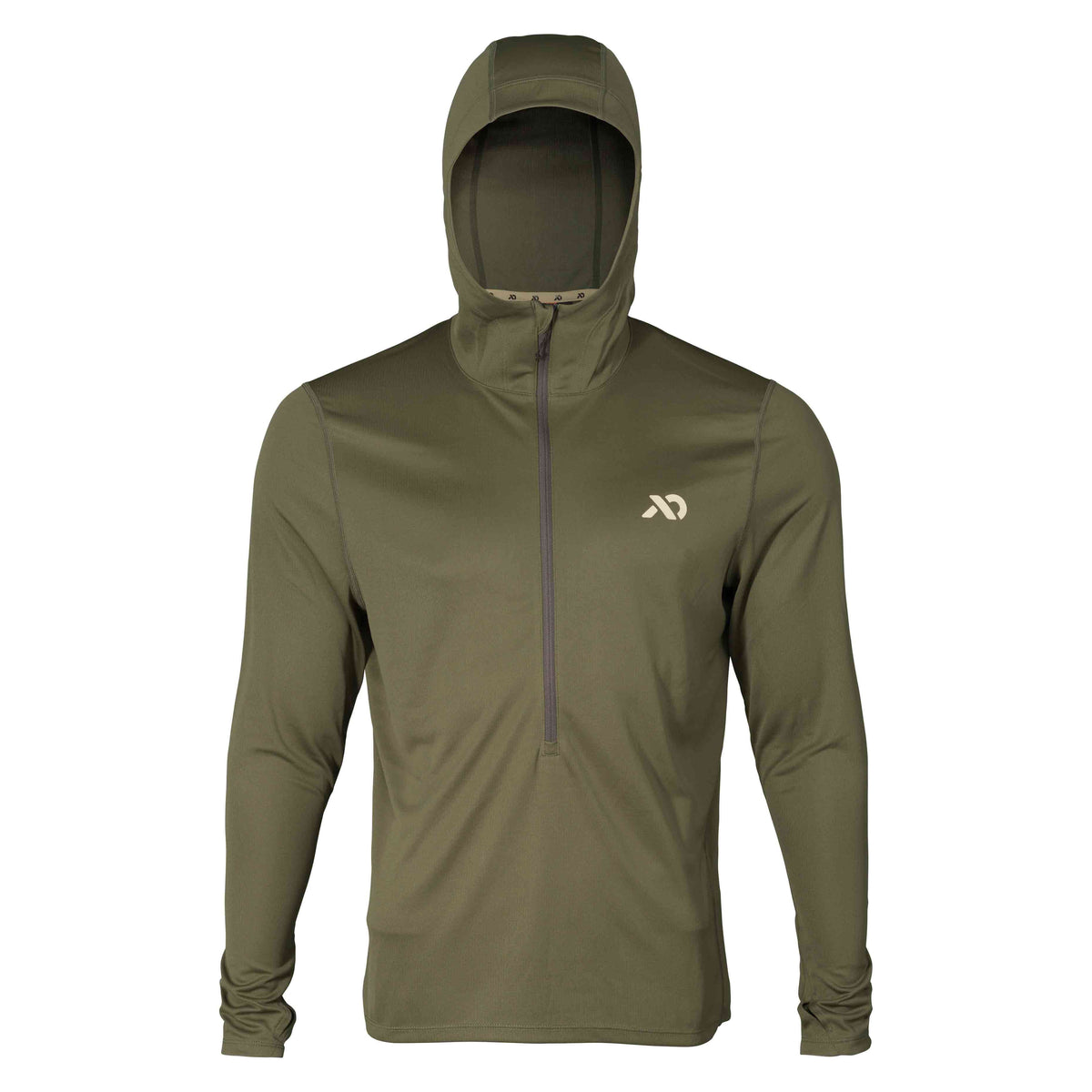 Olive green hooded long-sleeve quarter-zip shirt with a beige chest logo.