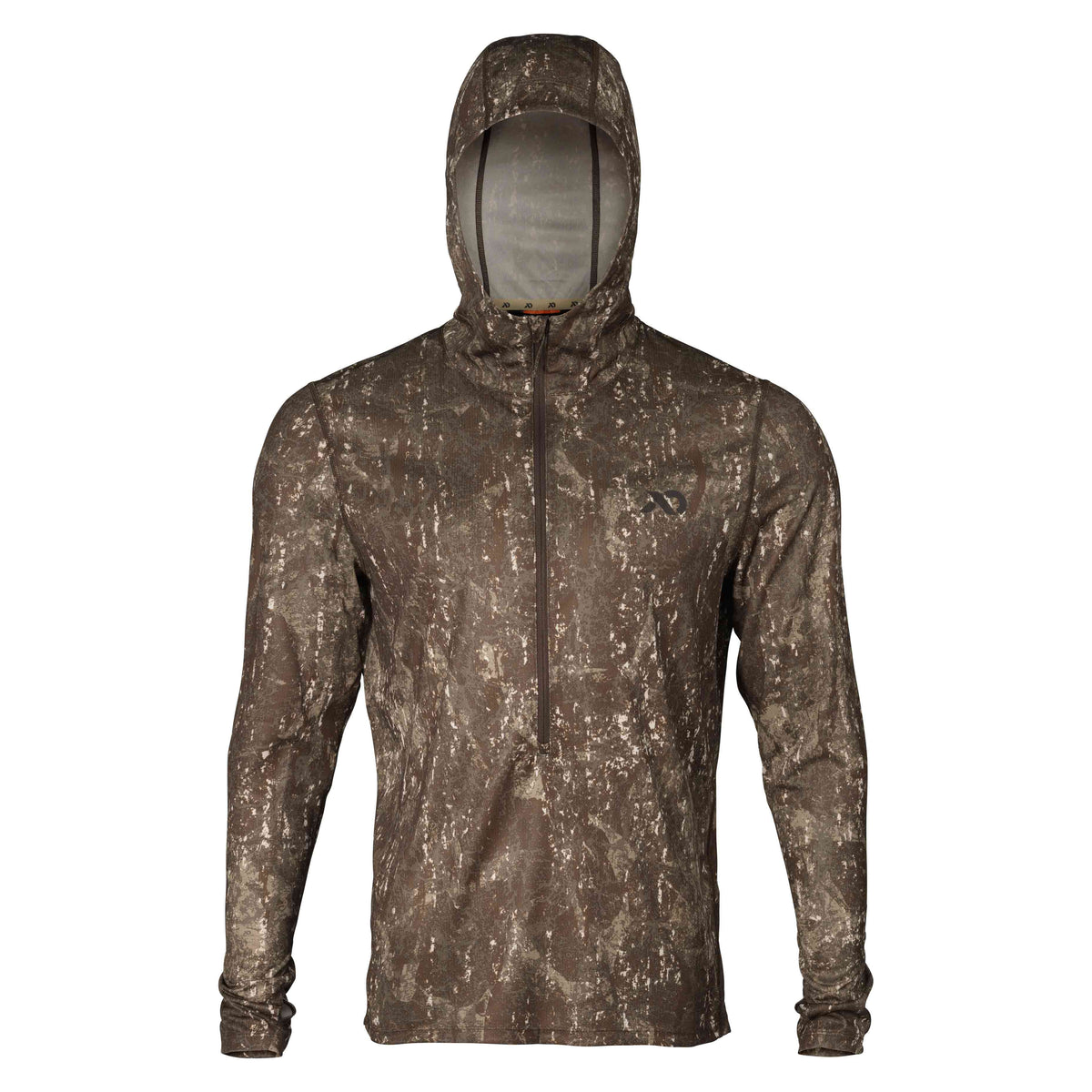 Brown mottled camouflage hooded quarter-zip shirt with a chest logo.