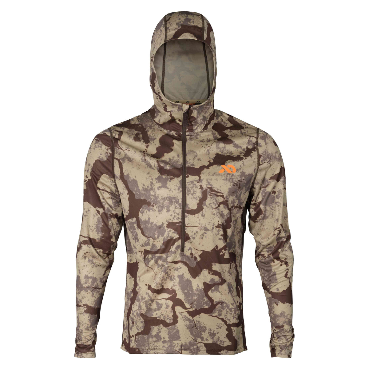 Brown and tan camouflage hooded long-sleeve quarter-zip top with an orange logo on the chest.