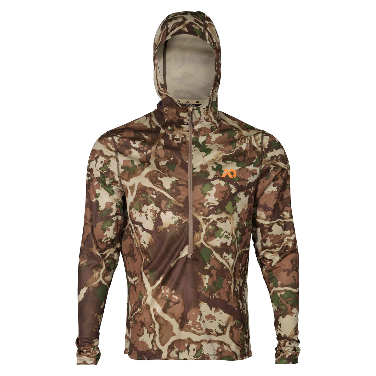 Brown, green, and beige camouflage hooded long-sleeve quarter-zip shirt with an orange chest logo.