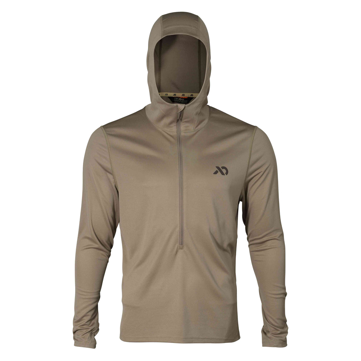 Coyote brown long-sleeve hooded quarter-zip shirt with a dark chest logo.