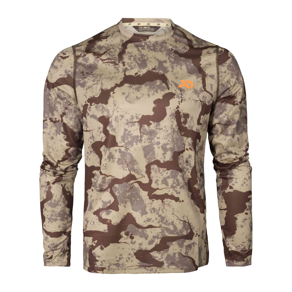 Beige, brown, and grey camouflage long-sleeve shirt with an orange logo on the left chest.
