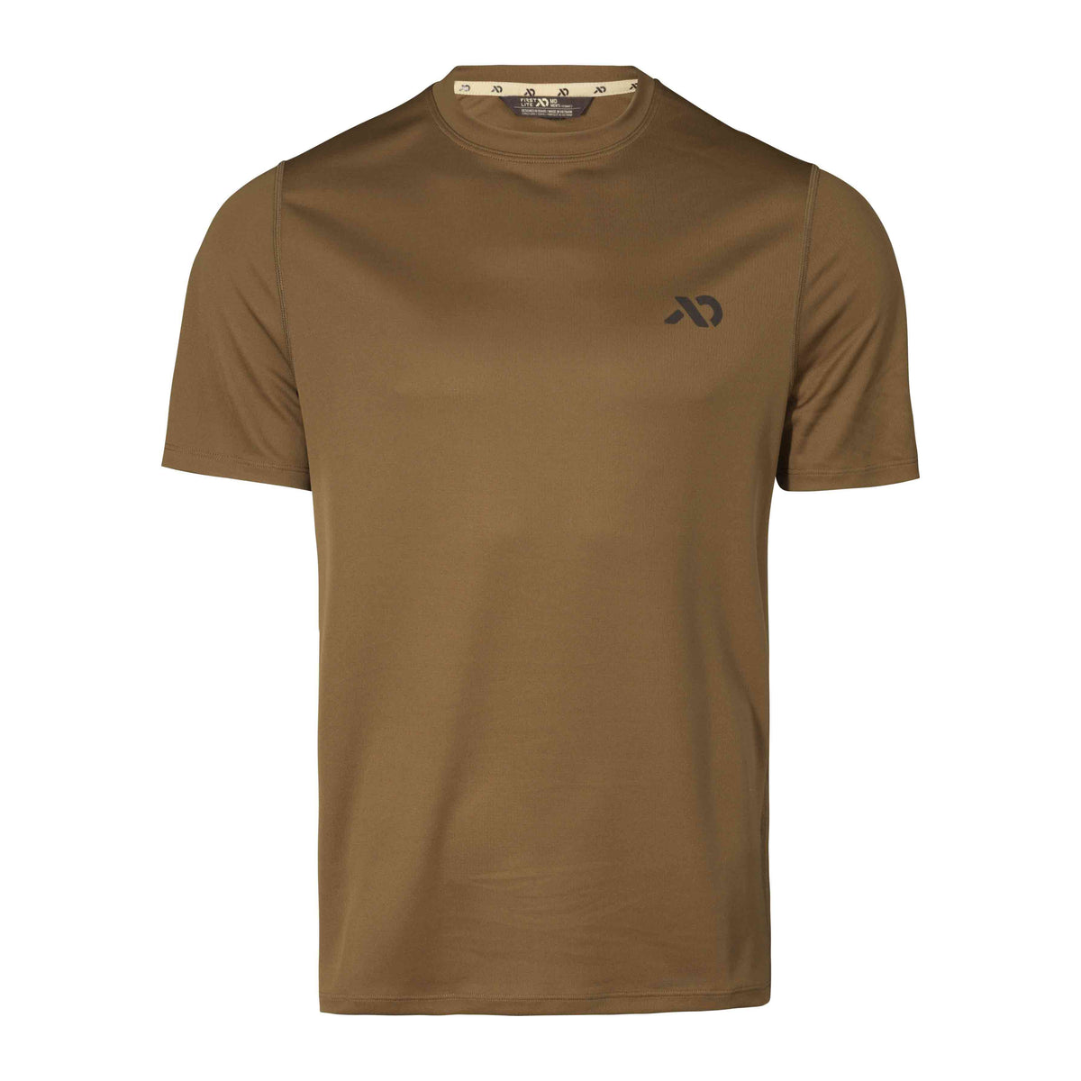A brown-green short-sleeved men's performance t-shirt with a small black logo on the left chest.