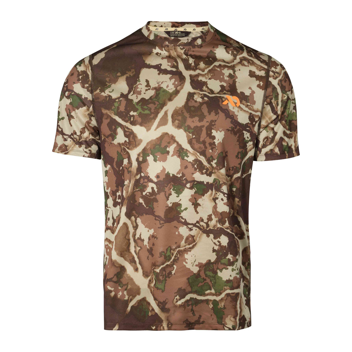 Camouflage short-sleeve t-shirt in brown, tan, and green, featuring a round neck and a small orange logo on the left chest.