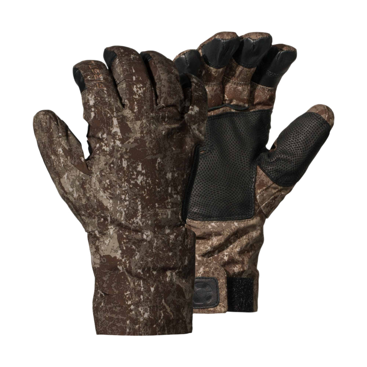 A pair of brown and tan digital camouflage gloves with black textured palms and fingertips, and black Velcro wrist closures.