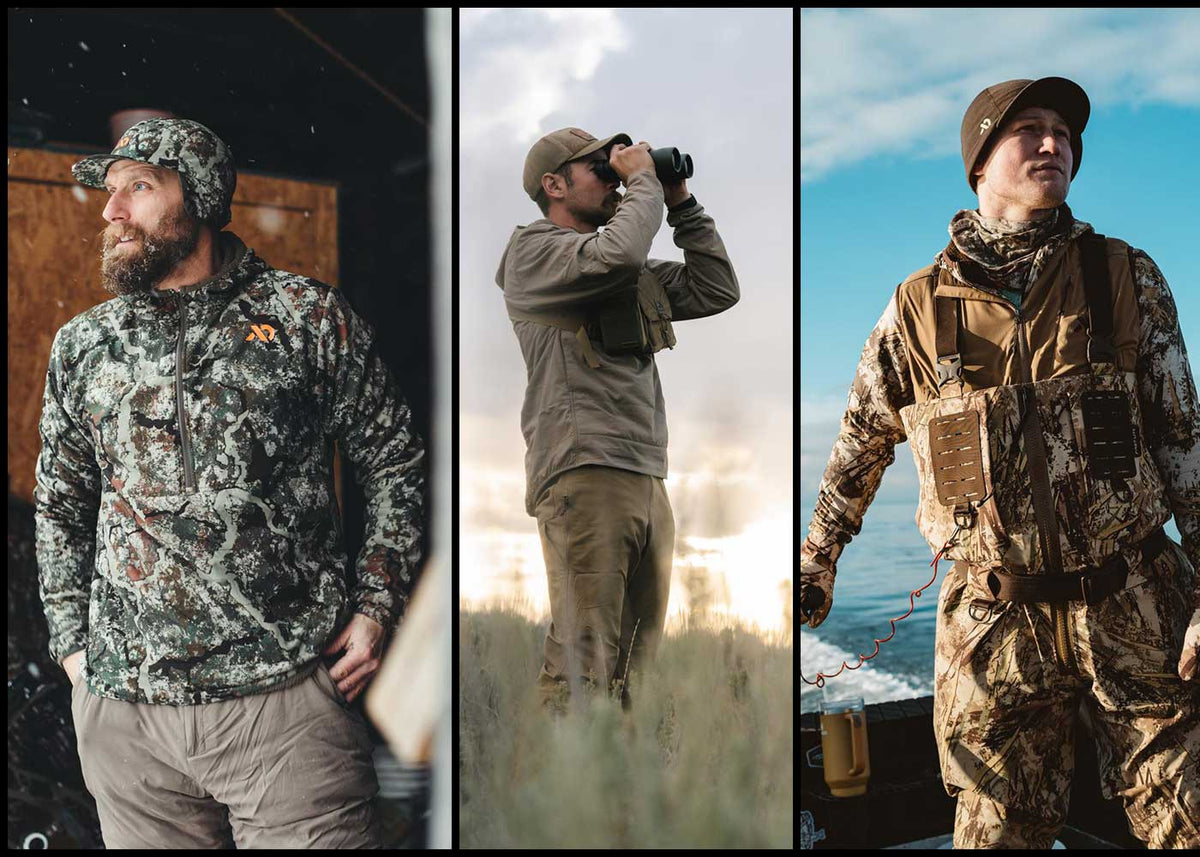Outdoor apparel: camo pullover, tan jacket with chest rig, and camo waders.