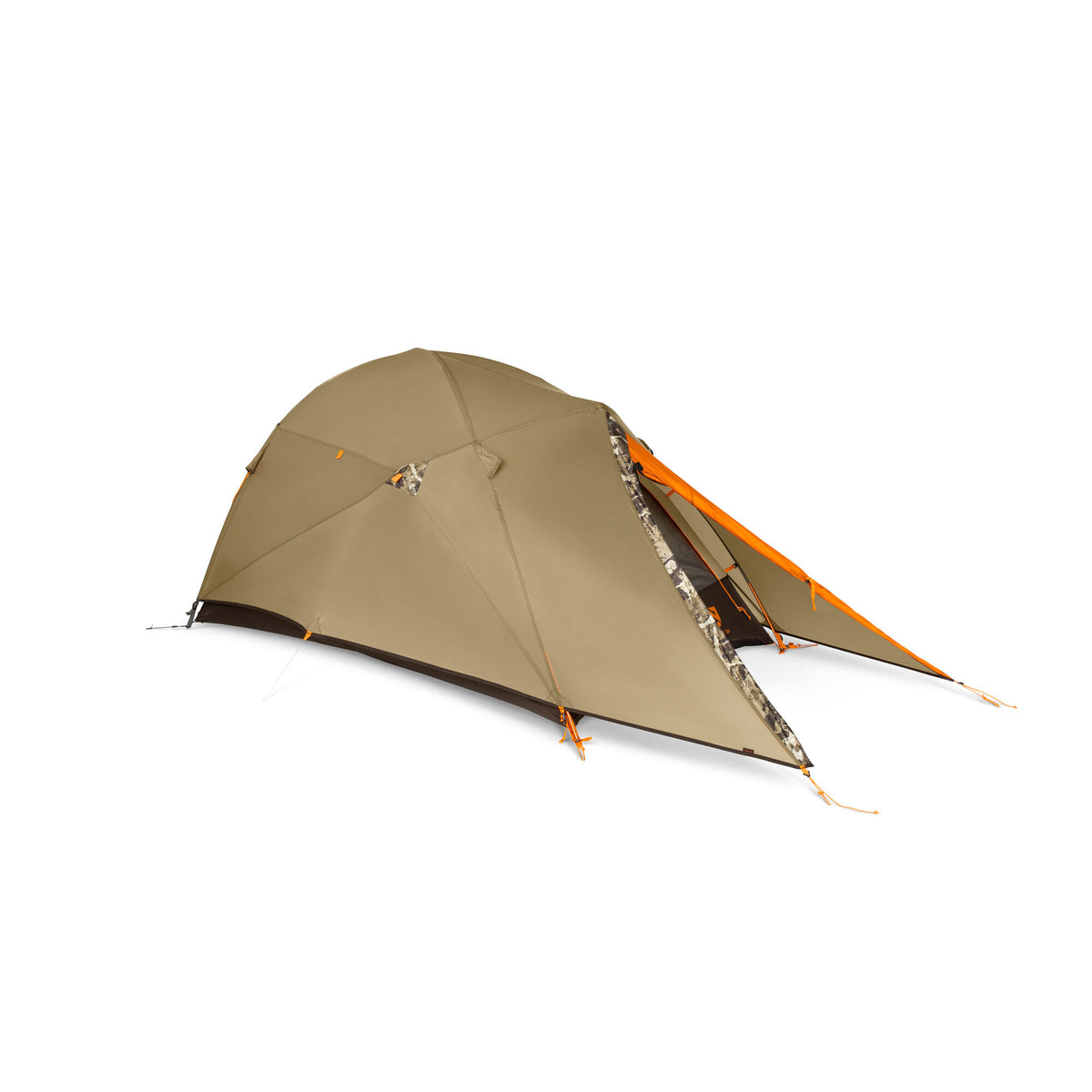 Tan and brown backpacking tent with orange guy lines and camouflage vestibule trim.