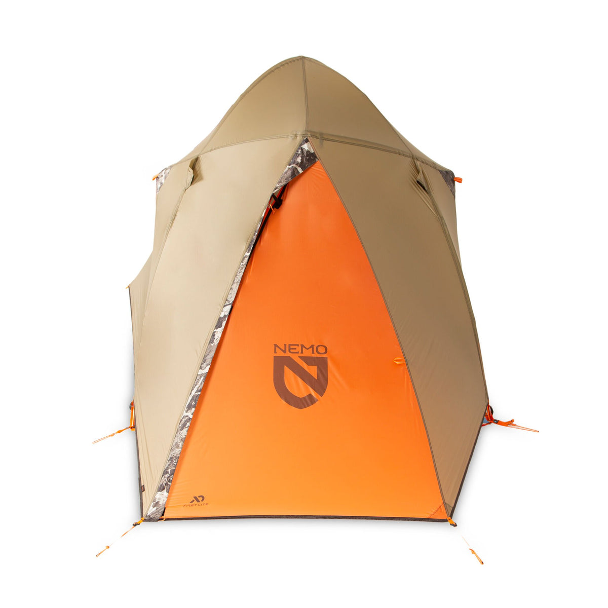 Khaki tent with its front flap open revealing a bright orange interior featuring the NEMO logo and camouflage trim.