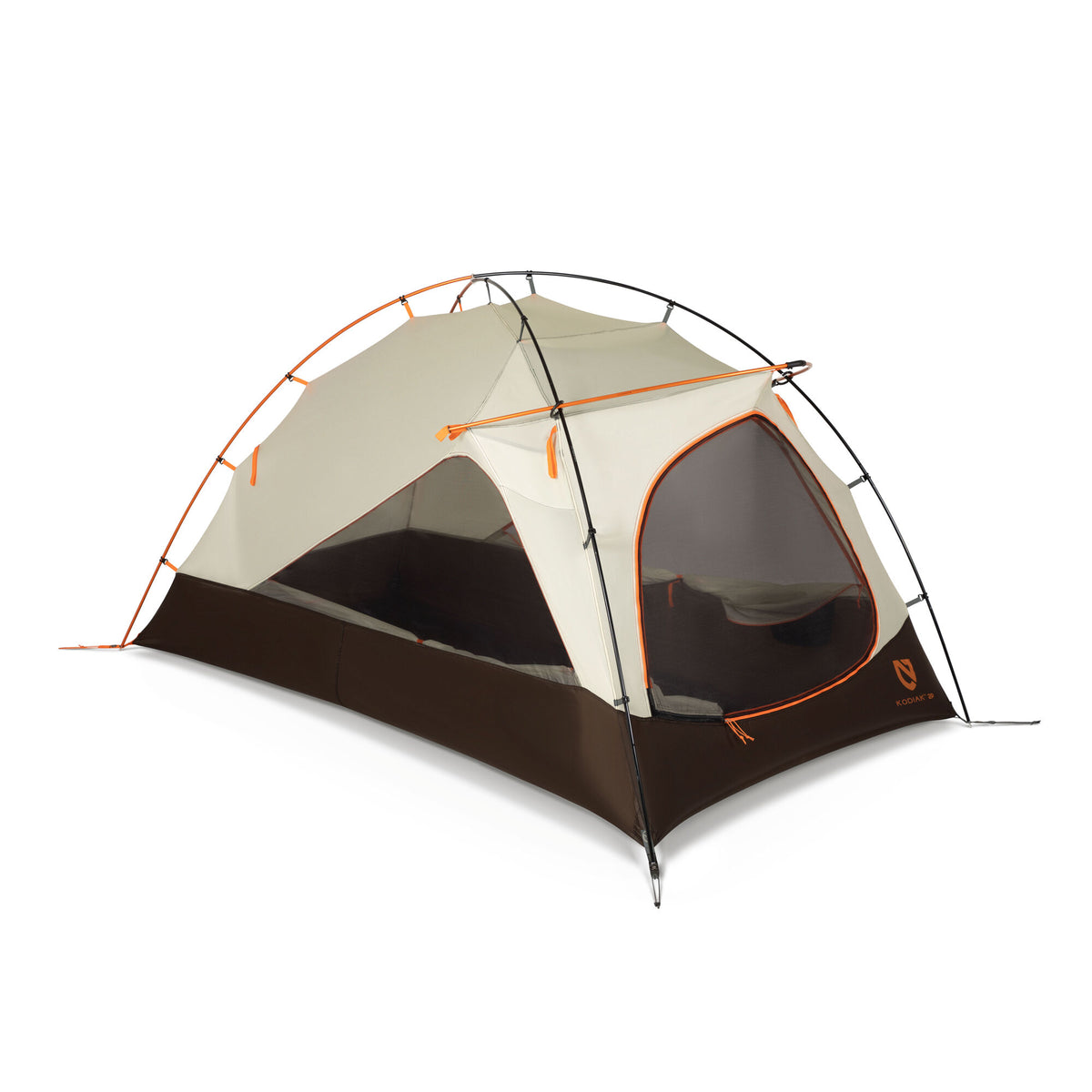 Tan and dark brown 2-person dome tent with orange poles and mesh door.