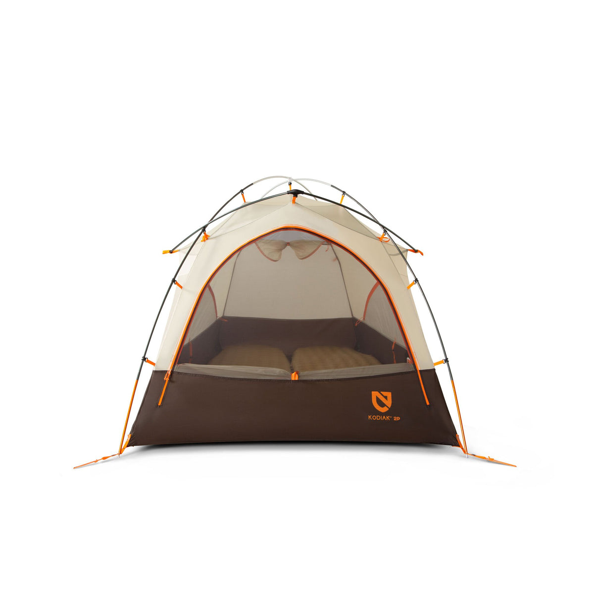 NEMO KODIAK 2P tent in brown and beige with orange accents and mesh panels, showing two sleeping pads inside.