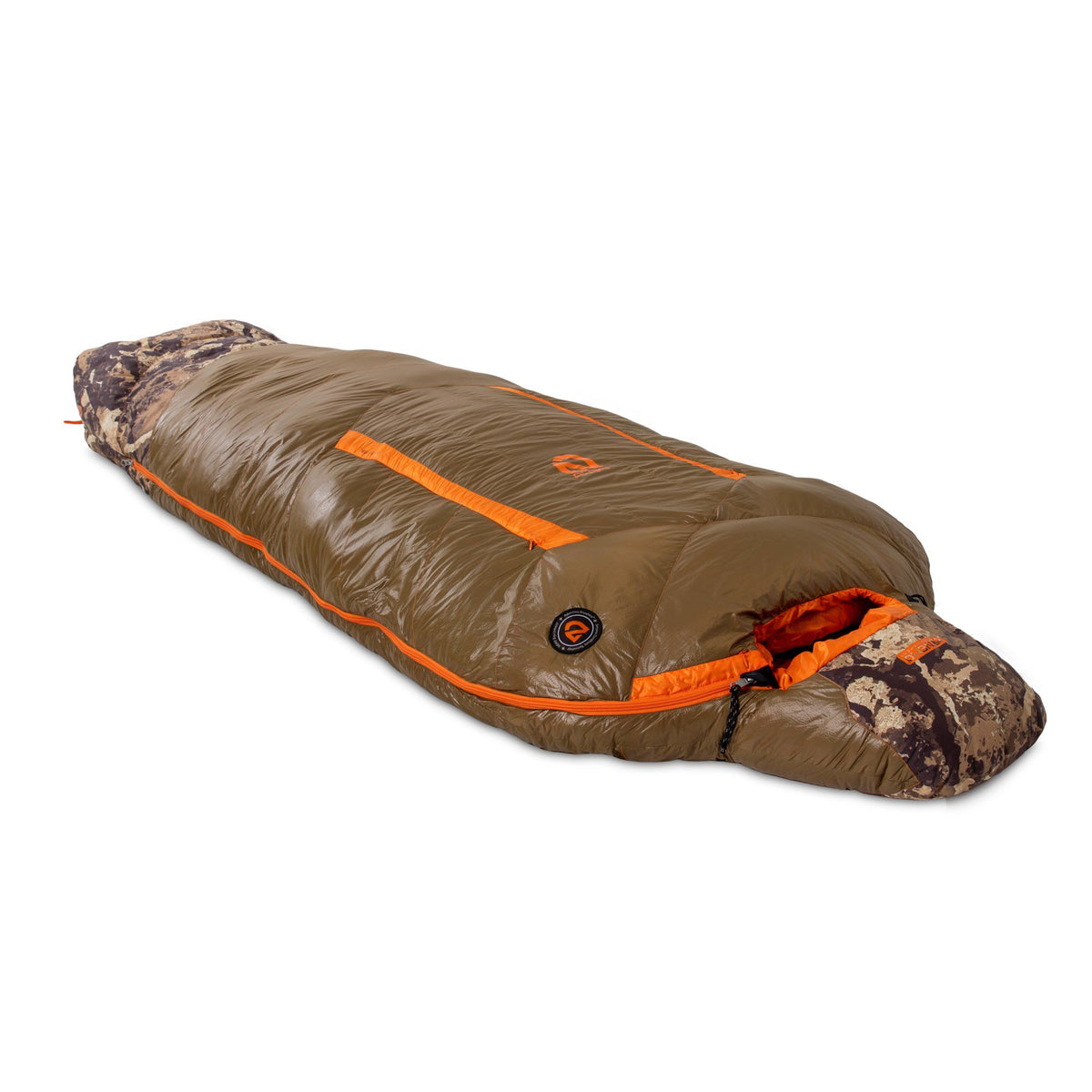 Glossy olive-brown sleeping bag with bright orange zippers and camouflage-patterned hood and footbox.