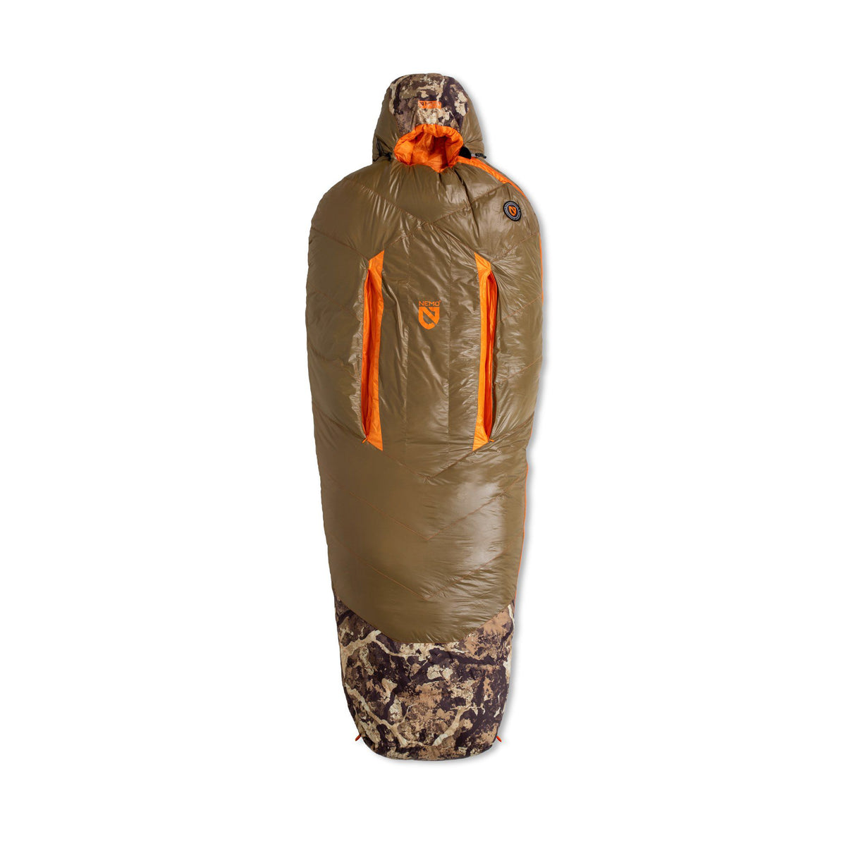 Olive green sleeping bag with an orange-lined, camo-patterned hood, two vertical orange chest zippers, and a camo footbox.