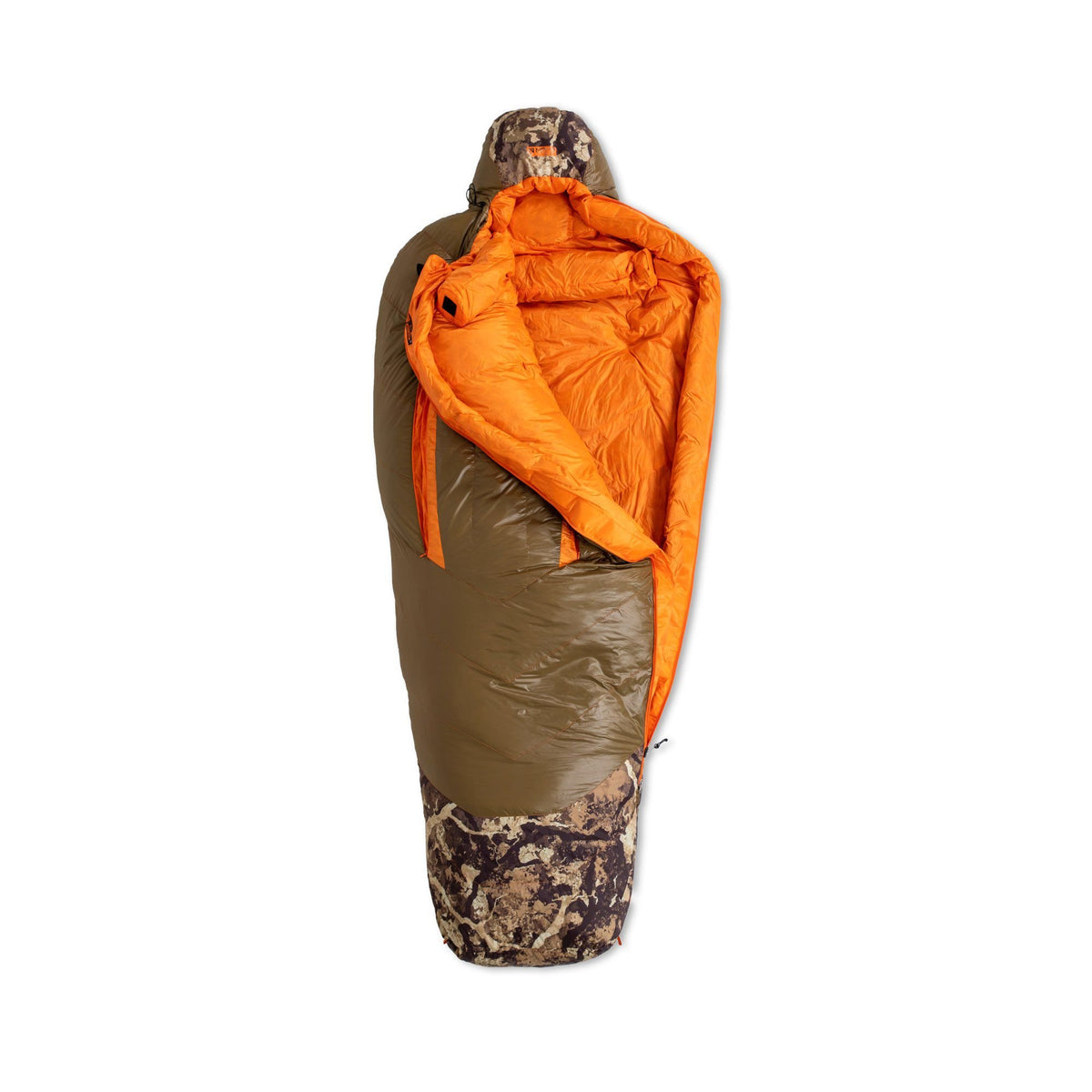 Olive green sleeping bag with an orange interior, camouflage hood, and foot box, shown partially unzipped.