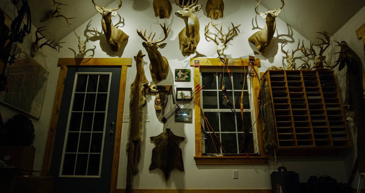 Room with multiple deer taxidermy mounts, animal furs, archery bows, and a dark blue glass-paned door.