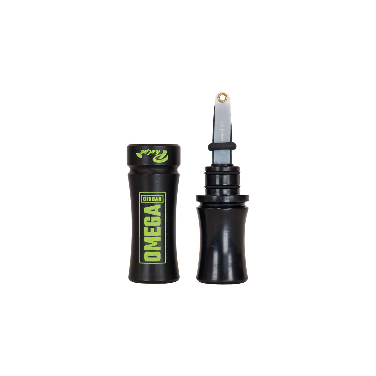 Black Phelps Omega Hybrid game call, disassembled to show its body with green branding and the reed assembly with 'reed v1' visible.