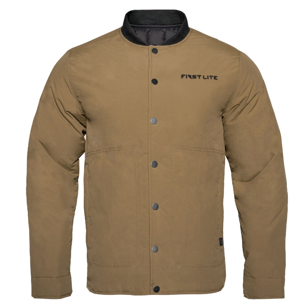 Akern chore coat with black rib-knit collar featuring FIRST LITE in black in the left chest