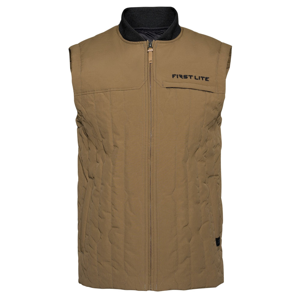 Akern outpost vest with a high black collar and FIRST LITE branding in black in the left chest.