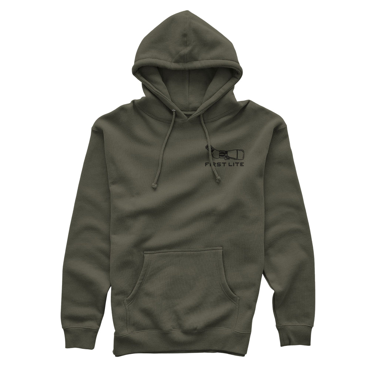 Military green hoodie featuring a hood with drawstrings, a front kangaroo pocket, and a "FIRST LITE" text with a binocular graphic on the chest.