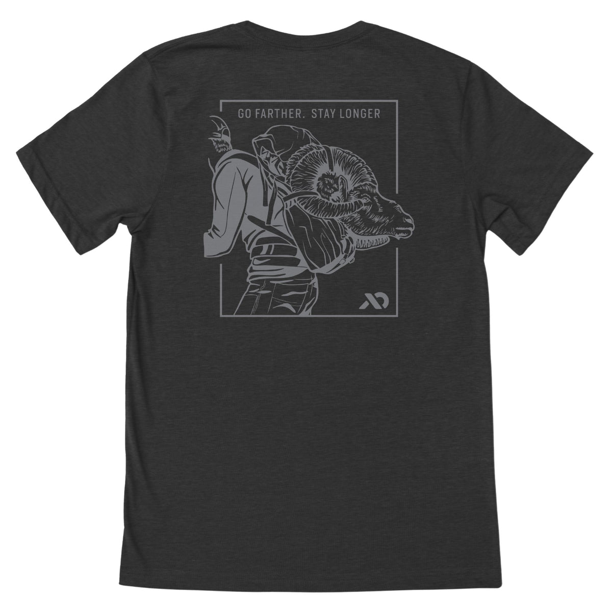 Dark gray t-shirt with a light gray graphic on the back: a framed illustration of a person carrying a bighorn ram, topped by the text 'GO FARTHER. STAY LONGER'.