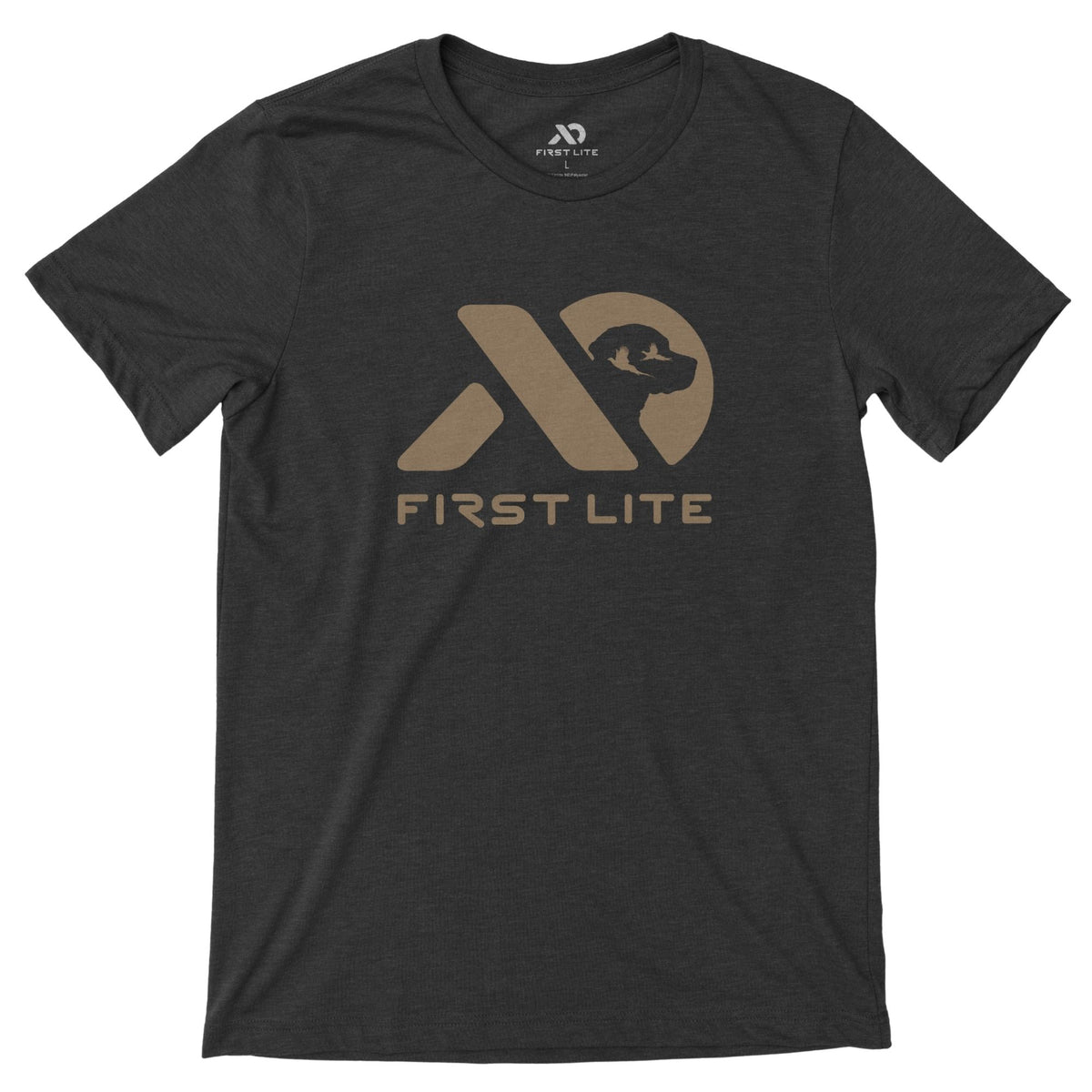 Dark grey heather t-shirt with a tan First Lite logo graphic depicting a dog's head and two flying birds