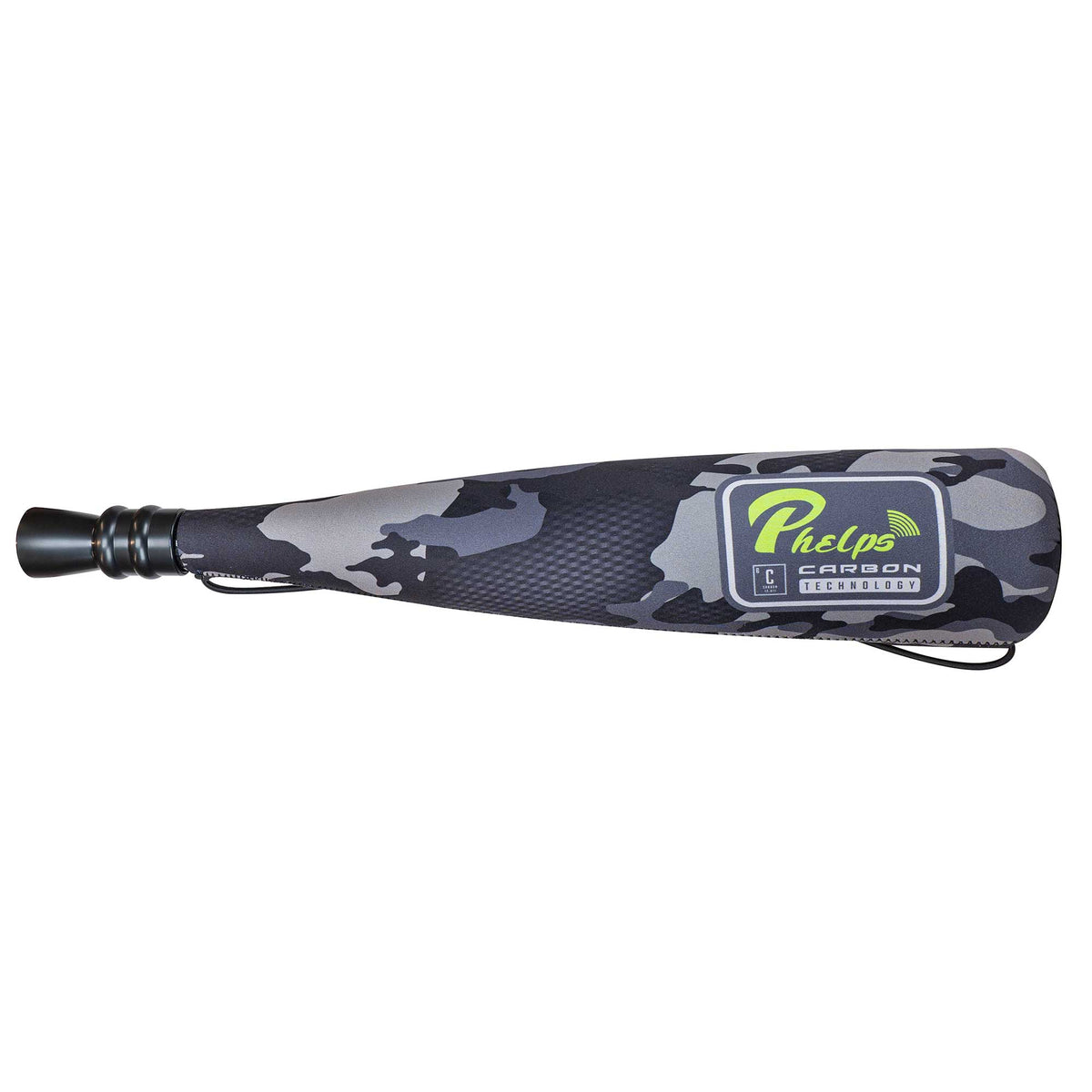 Grey camouflage bugle tube with a black ribbed mouthpiece and a neon green "Phelps Carbon Technology" logo.
