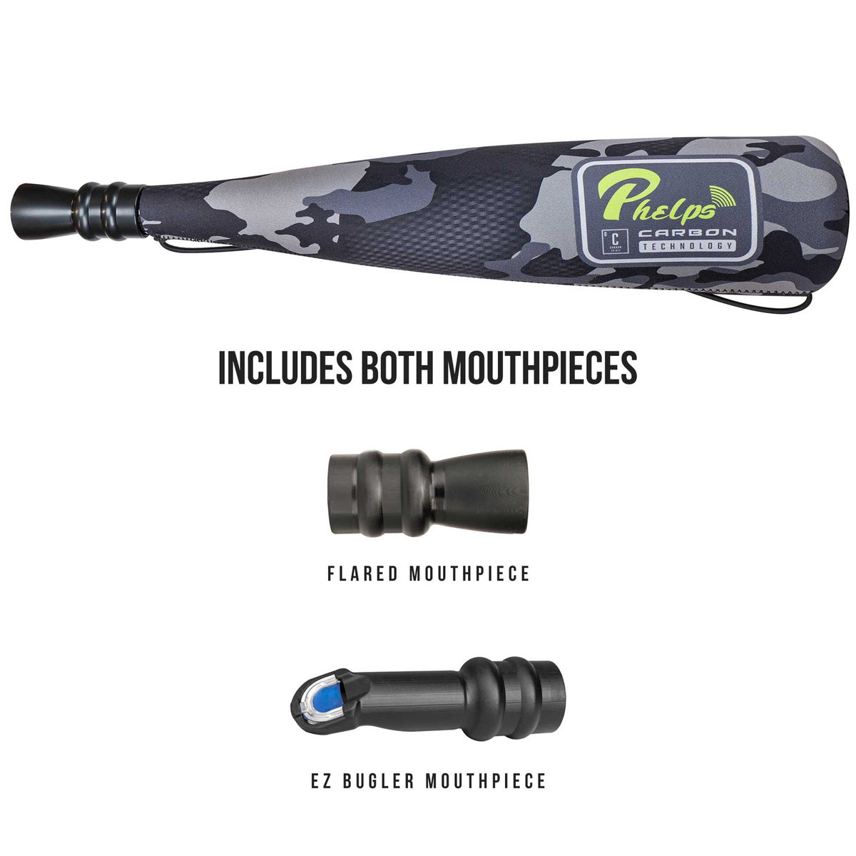 Phelps bugle game call with grey camouflage sleeve and two black interchangeable mouthpieces, one flared and one EZ bugler with a blue accent.