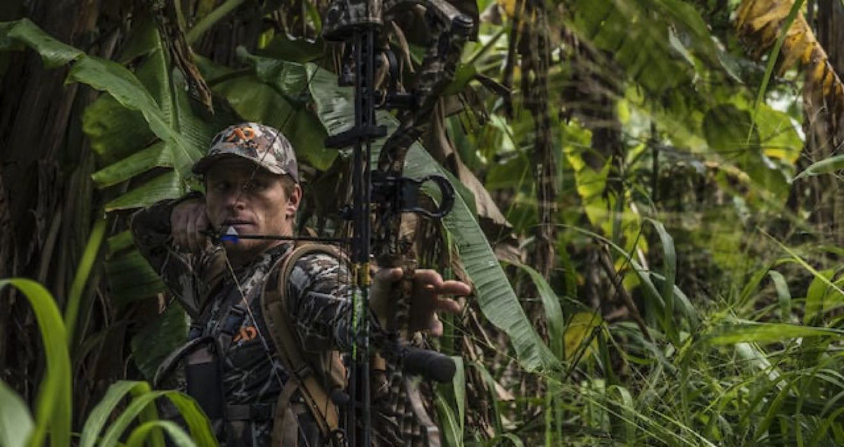 Camo hunter aims compound bow with arrow nocked in dense green jungle.