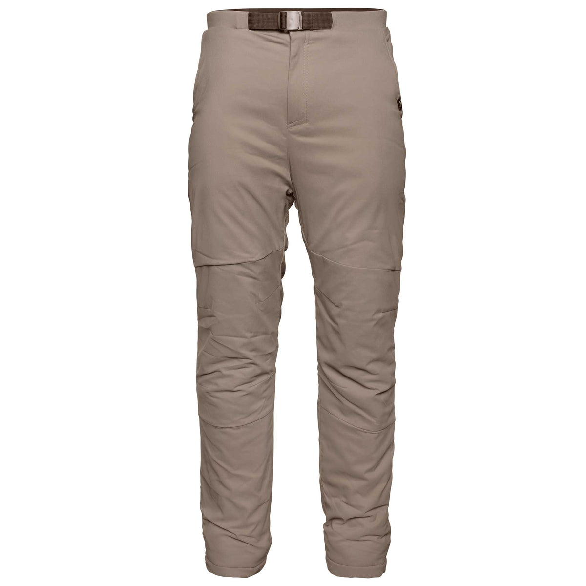 Taupe padded outdoor pants with an integrated dark brown web belt and a small black logo on the right hip.