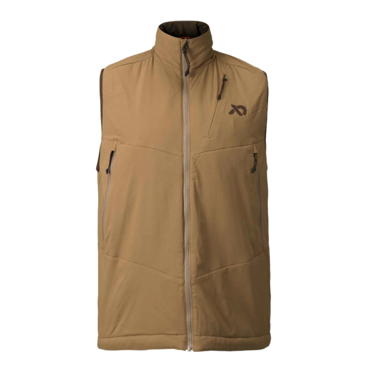Tan men's full-zip vest with a stand collar, three zippered pockets, and a dark logo on the right chest.