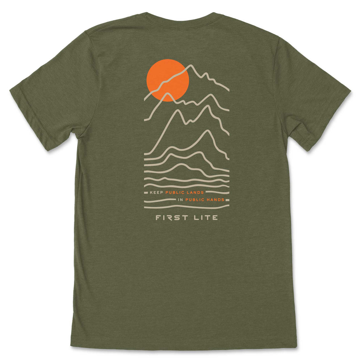 Olive green t-shirt with a back graphic featuring an orange sun behind stylized mountains, text 'KEEP PUBLIC LANDS IN PUBLIC HANDS', and 'FIRST LITE'.