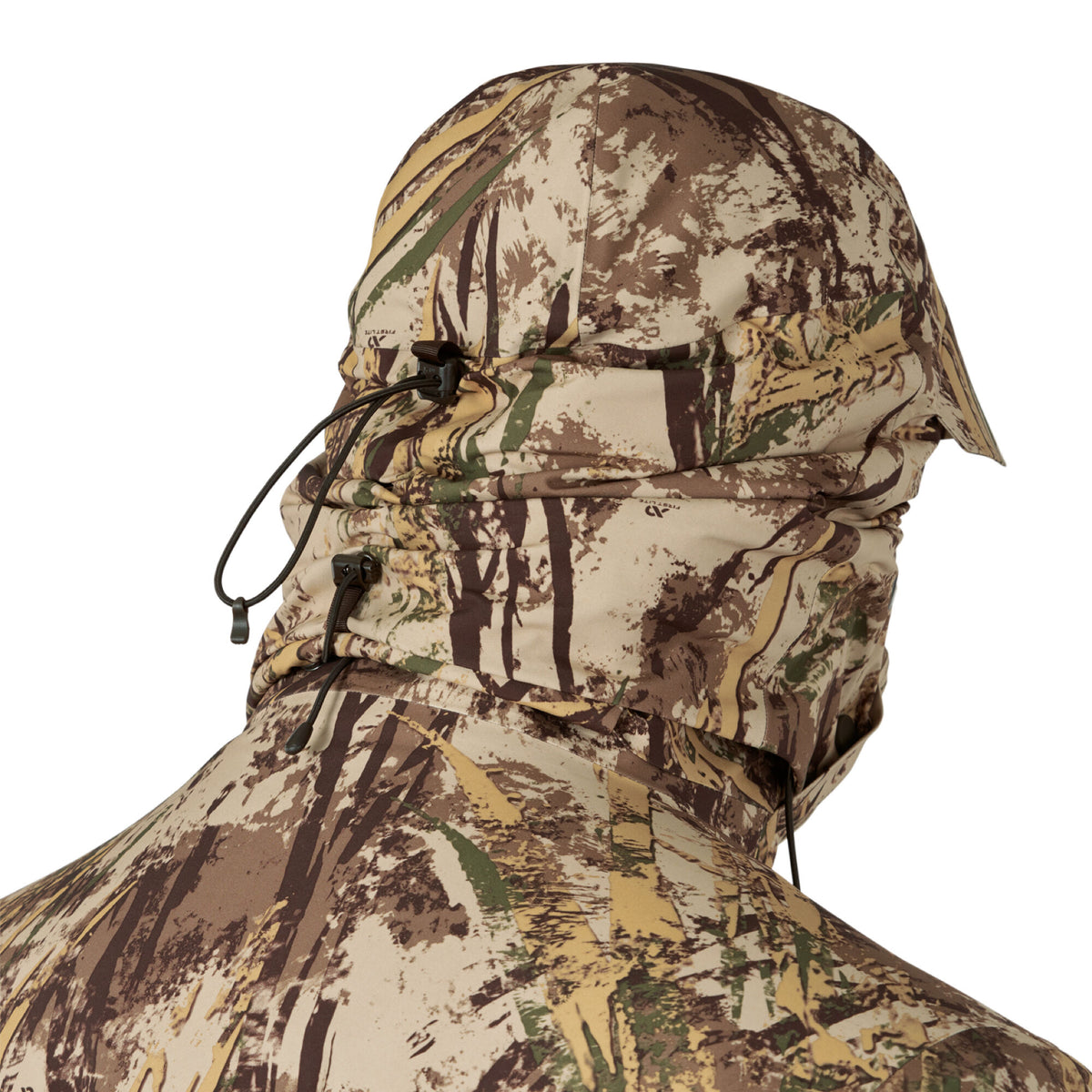 First Lite Typha camouflage hunting jacket from the back, featuring an adjustable hood with visible drawstrings and cord locks.