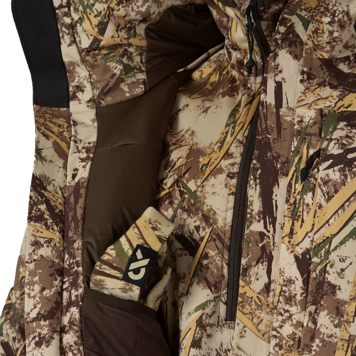 Multi-tone camouflage jacket with brown and tan hues, a dark brown zipper, and a brown inner lining with a visible logo patch.