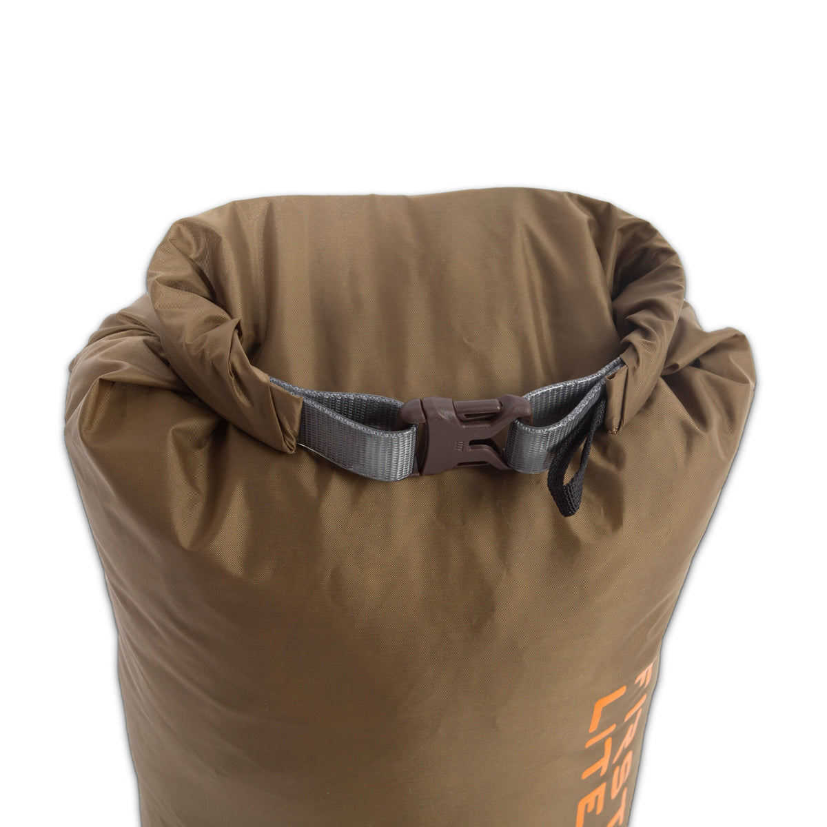 Khaki roll-top dry bag with a gray strap, brown buckle, and visible orange 'LITE' branding.