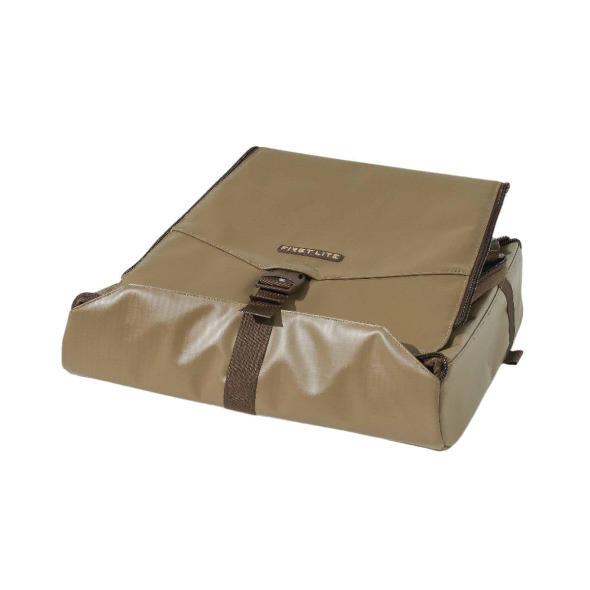 Walnut First Lite gear pouch with a flap closure, brown strap, and buckle.