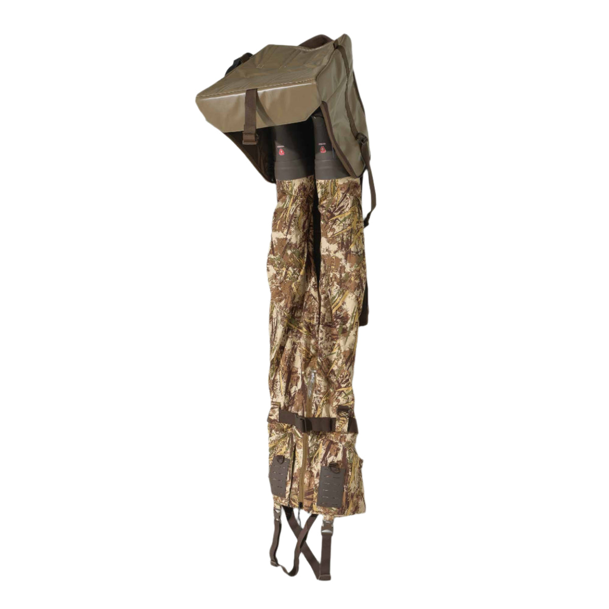 Reed camouflage chest waders with an olive green upper, integrated boots, and front utility pockets.